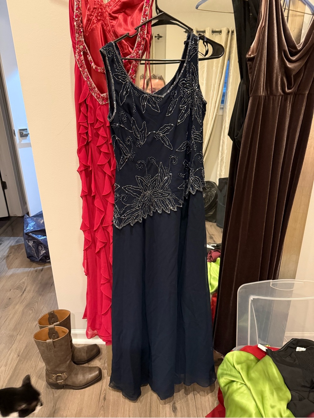 J Kara Navy Beaded Formal Prom Dress